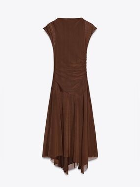 Zara Gathered Mesh Tulle Maxi Midi Dress Brown Size Medium